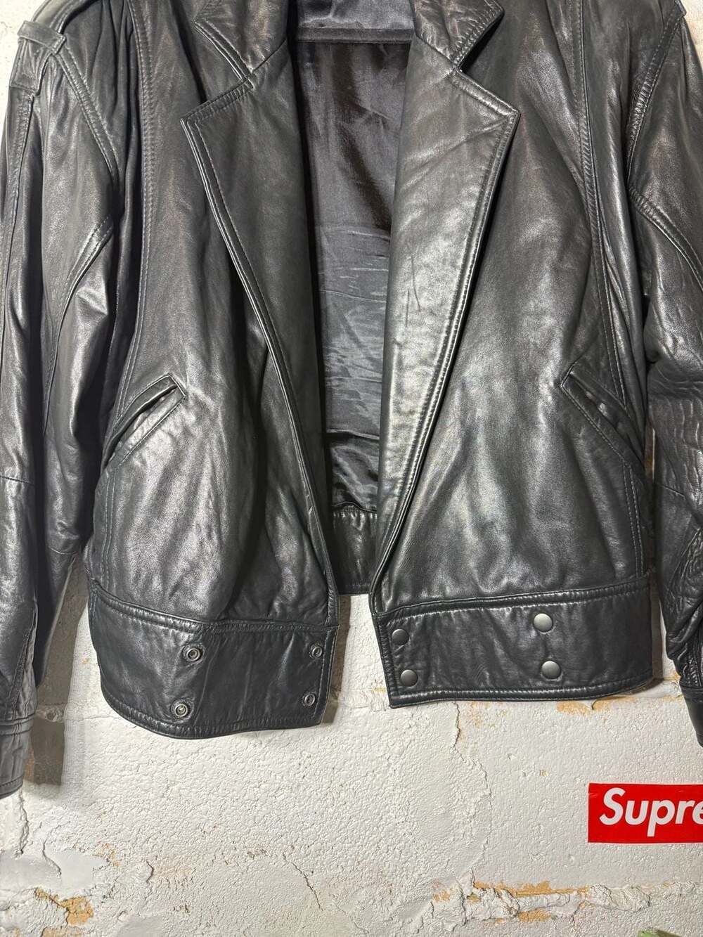 Andrew Marc Vintage Black Leather Jacket with Snap Waist and Epaulettes - Picture 2 of 15
